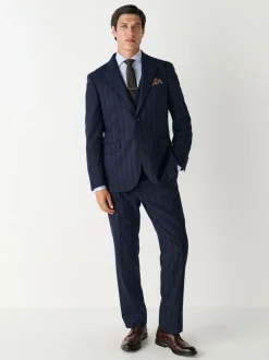 Navy Blue Tailored Fit Striped Wool Blend Suit Trousers