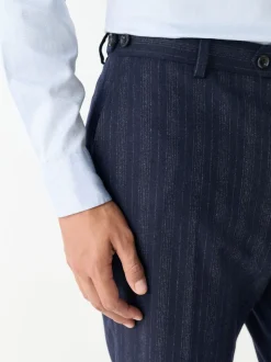 Navy Blue Tailored Fit Striped Wool Blend Suit Trousers