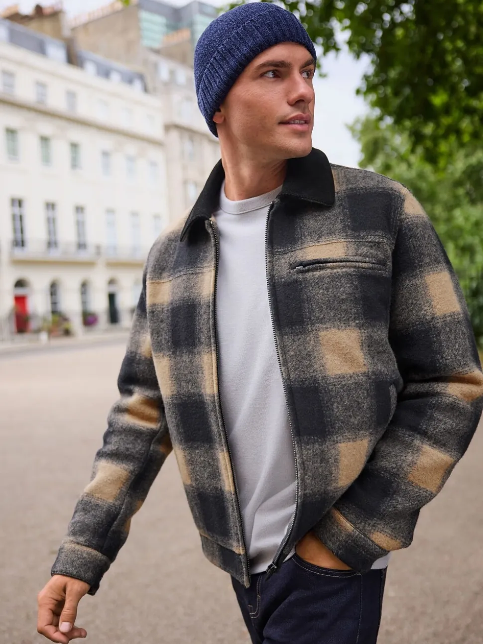 Navy Blue/ Tan Cord Collar Check Wool Blend Worker Jacket