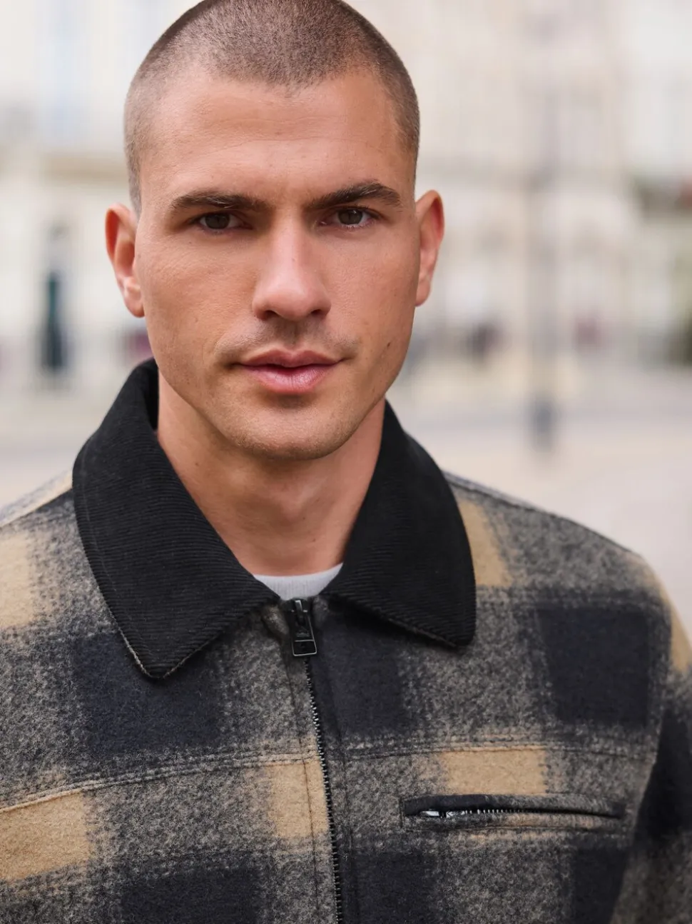 Navy Blue/ Tan Cord Collar Check Wool Blend Worker Jacket