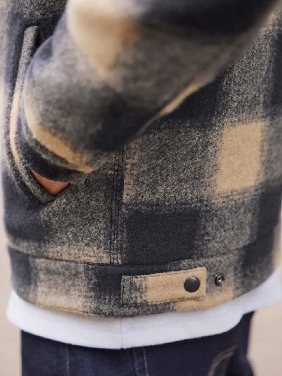 Navy Blue/ Tan Cord Collar Check Wool Blend Worker Jacket