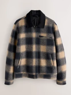 Navy Blue/ Tan Cord Collar Check Wool Blend Worker Jacket