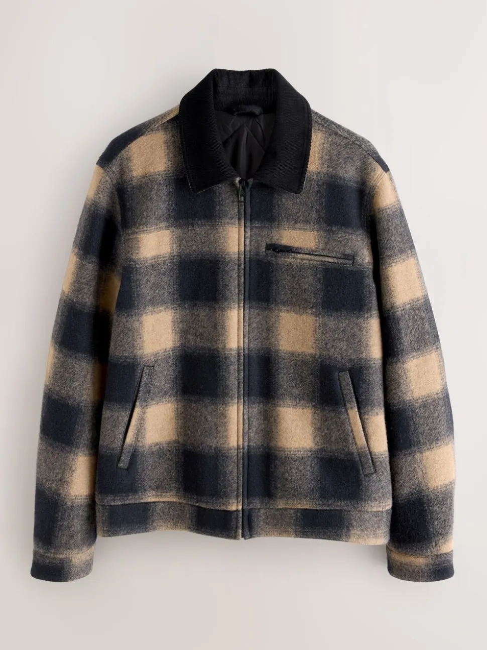 Navy Blue/ Tan Cord Collar Check Wool Blend Worker Jacket