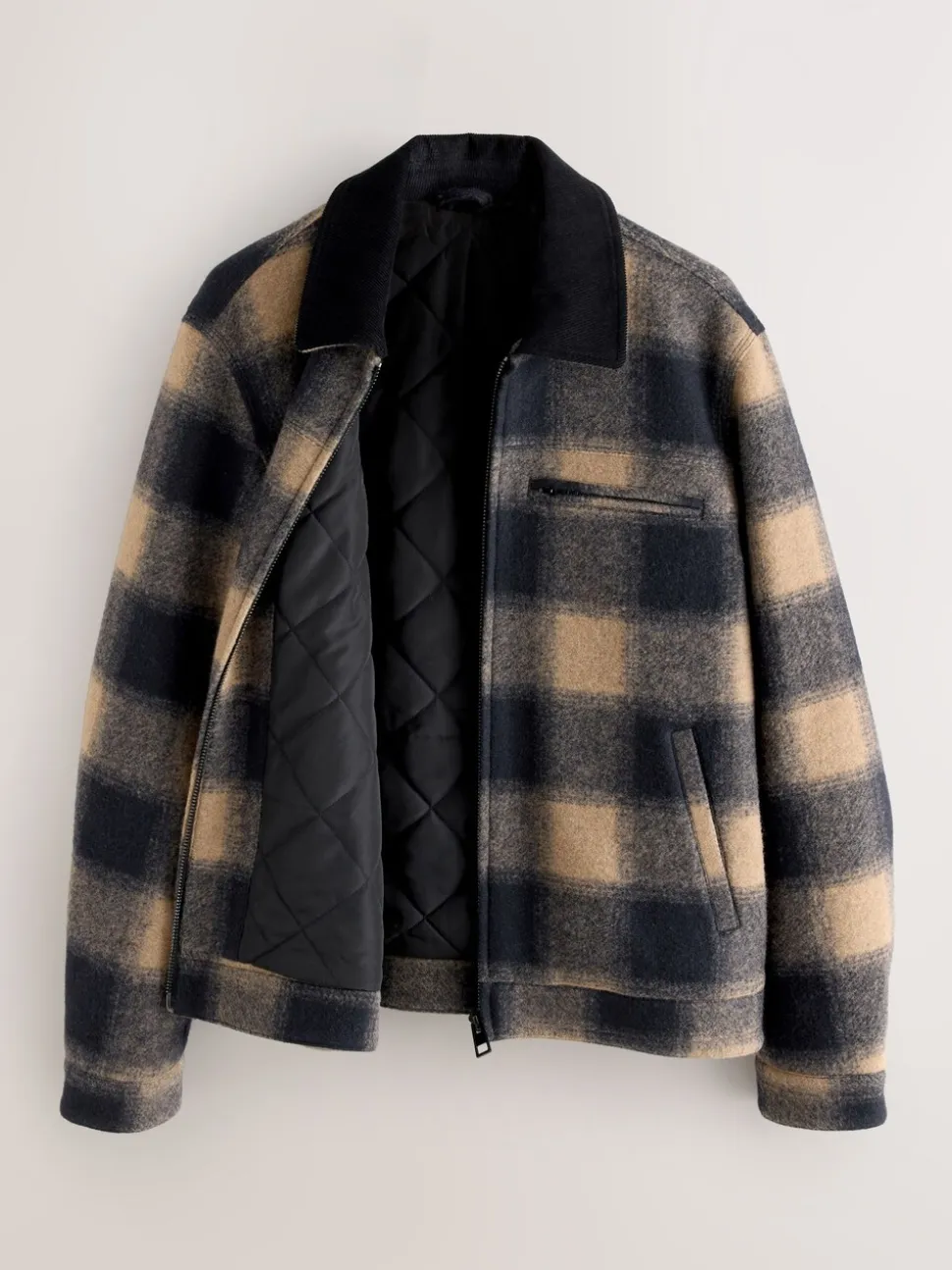Navy Blue/ Tan Cord Collar Check Wool Blend Worker Jacket