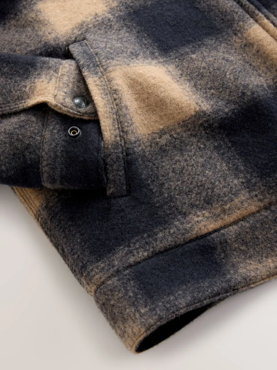 Navy Blue/ Tan Cord Collar Check Wool Blend Worker Jacket