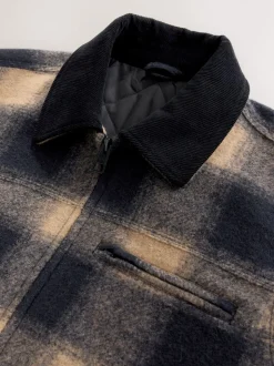 Navy Blue/ Tan Cord Collar Check Wool Blend Worker Jacket