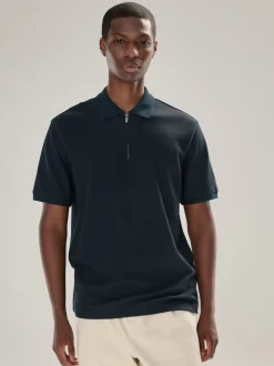 Navy Blue Textured Smart Zip Neck Polo Shirt