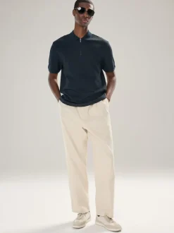Navy Blue Textured Smart Zip Neck Polo Shirt