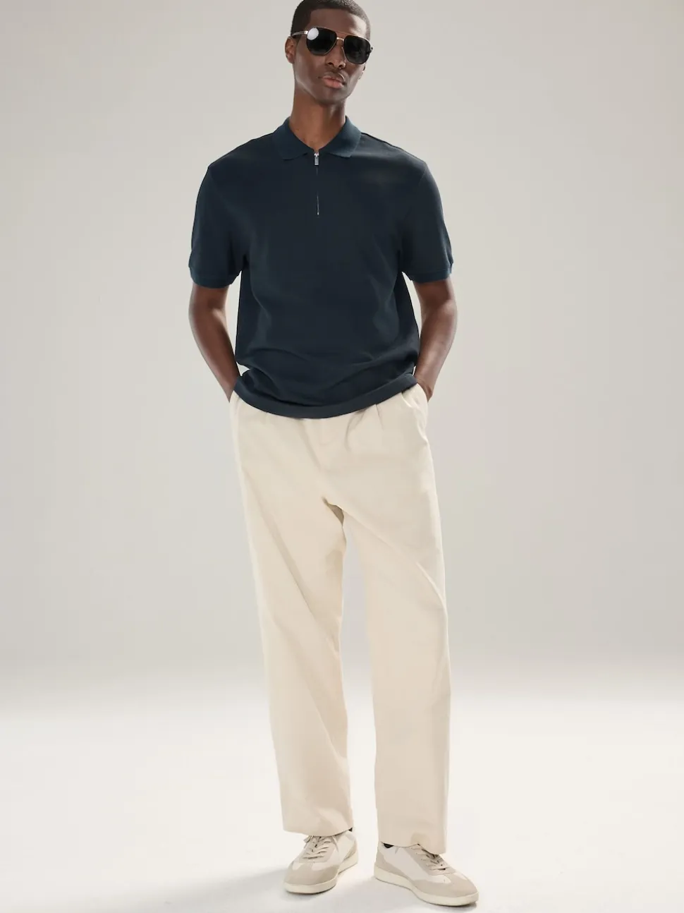 Navy Blue Textured Smart Zip Neck Polo Shirt