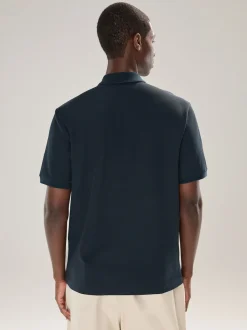 Navy Blue Textured Smart Zip Neck Polo Shirt