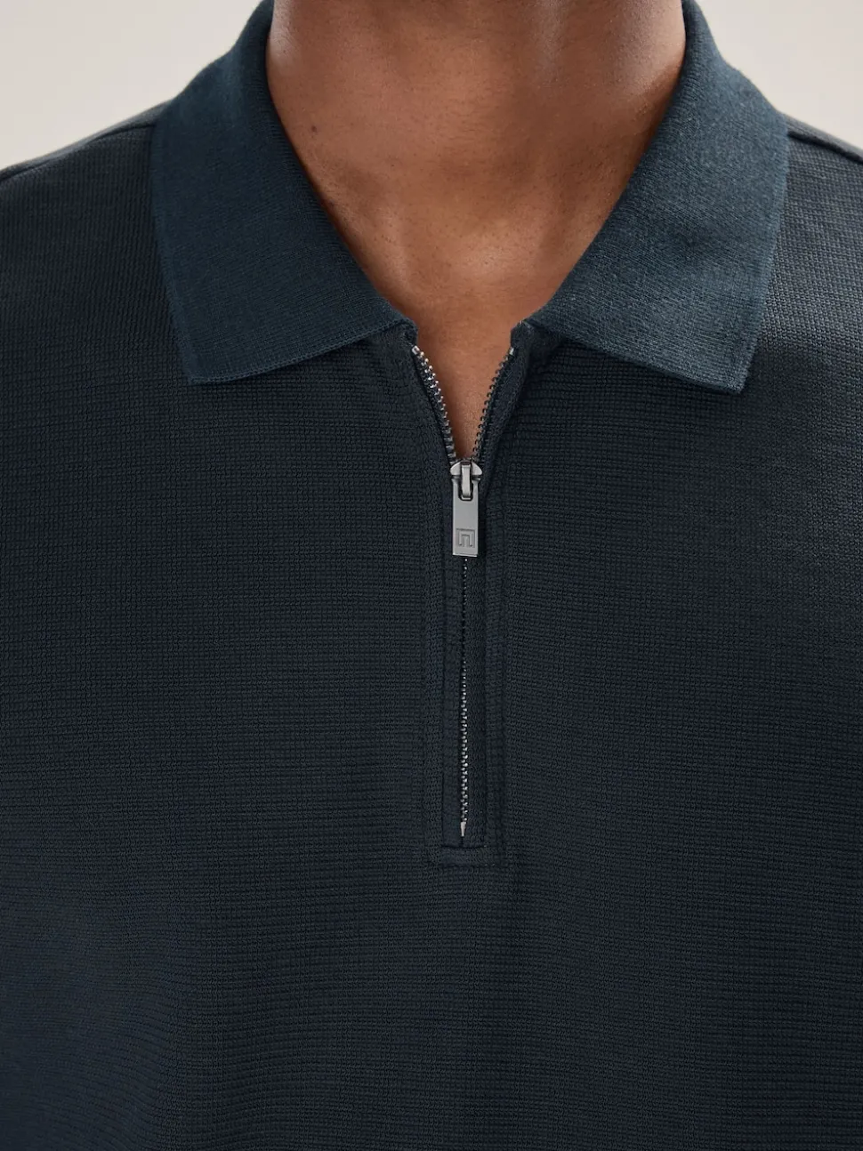 Navy Blue Textured Smart Zip Neck Polo Shirt