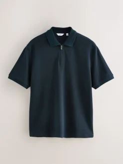 Navy Blue Textured Smart Zip Neck Polo Shirt