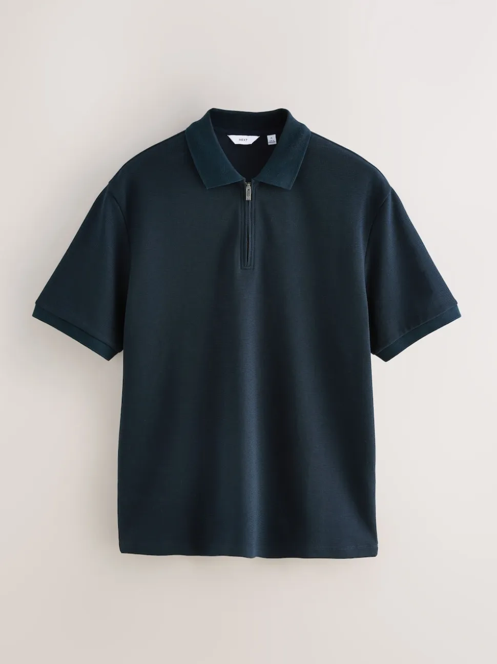 Navy Blue Textured Smart Zip Neck Polo Shirt