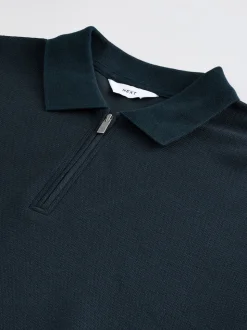 Navy Blue Textured Smart Zip Neck Polo Shirt