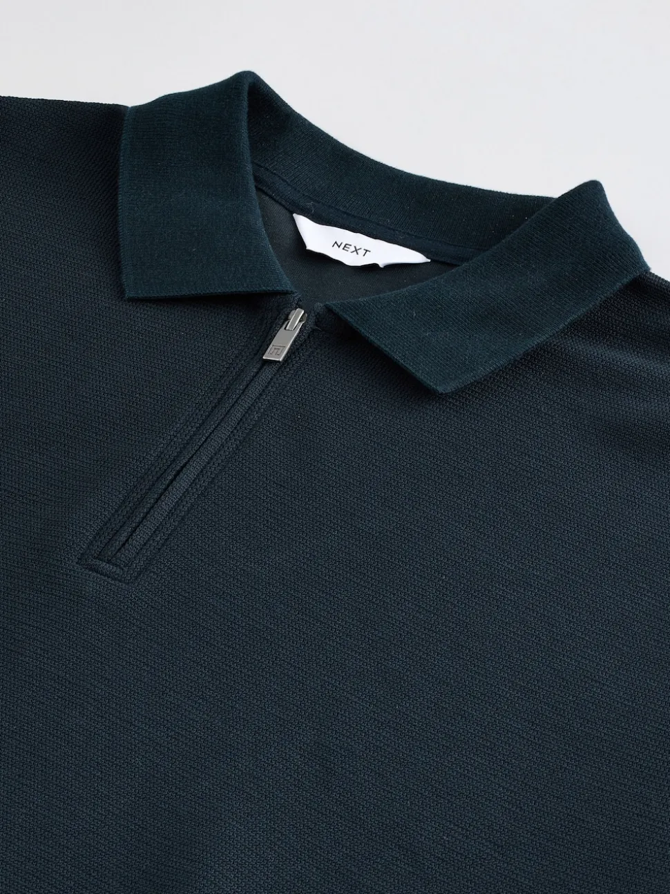 Navy Blue Textured Smart Zip Neck Polo Shirt