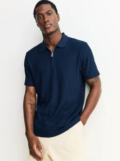 Navy Blue Textured Smart Zip Neck Polo Shirt