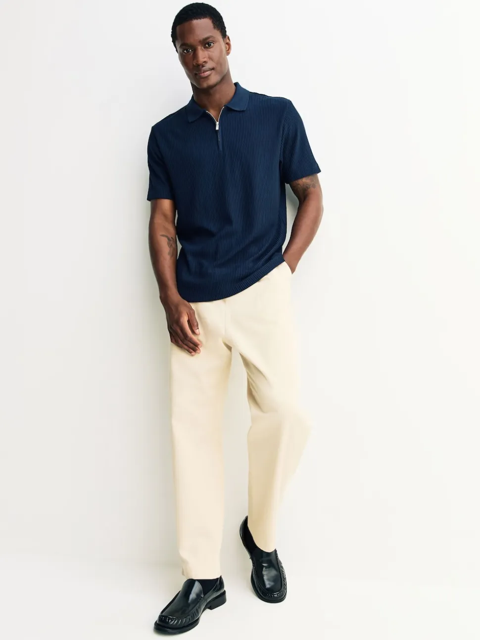 Navy Blue Textured Smart Zip Neck Polo Shirt
