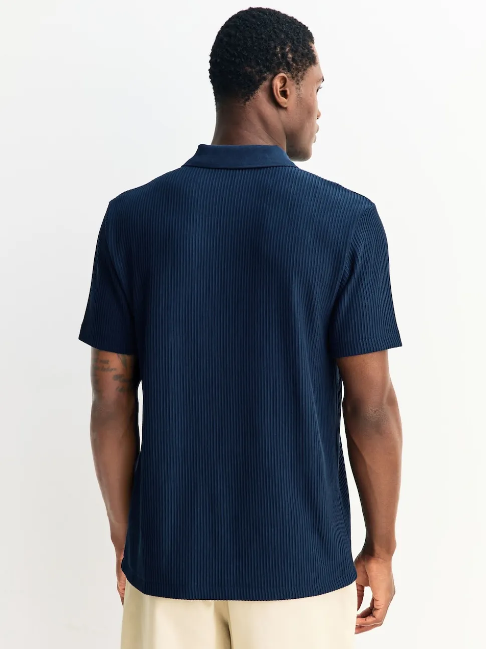 Navy Blue Textured Smart Zip Neck Polo Shirt