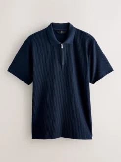 Navy Blue Textured Smart Zip Neck Polo Shirt