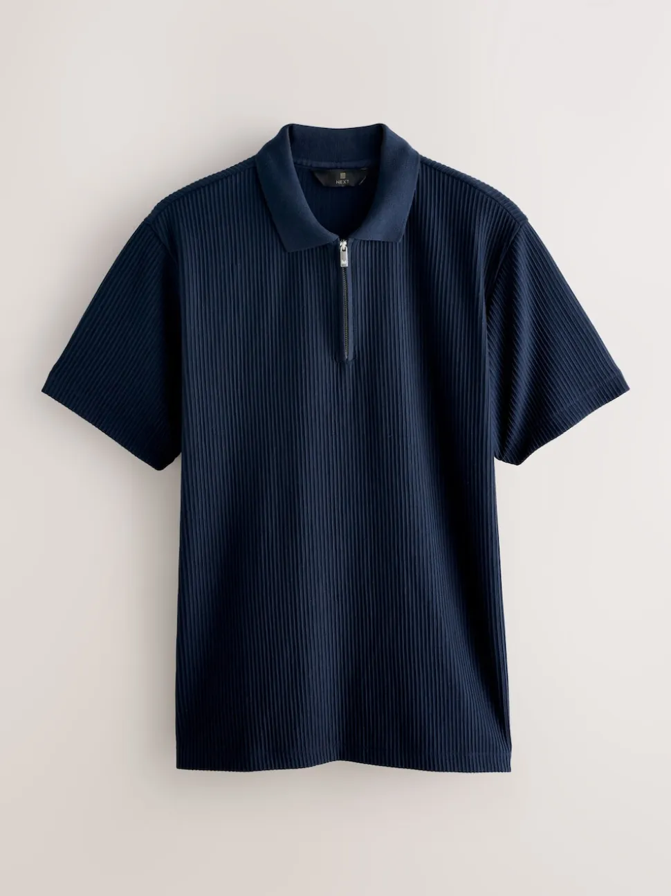 Navy Blue Textured Smart Zip Neck Polo Shirt