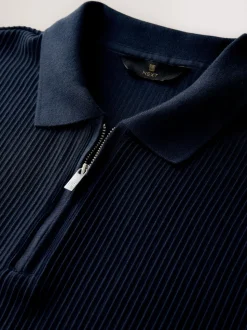 Navy Blue Textured Smart Zip Neck Polo Shirt