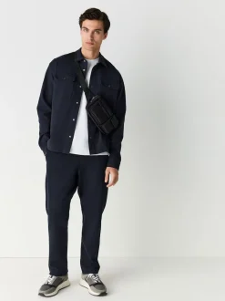Navy Blue Textured Twill Straight Leg Joggers