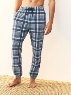 Navy Blue Thermal Fleece Cuffed Check Pyjama Bottoms