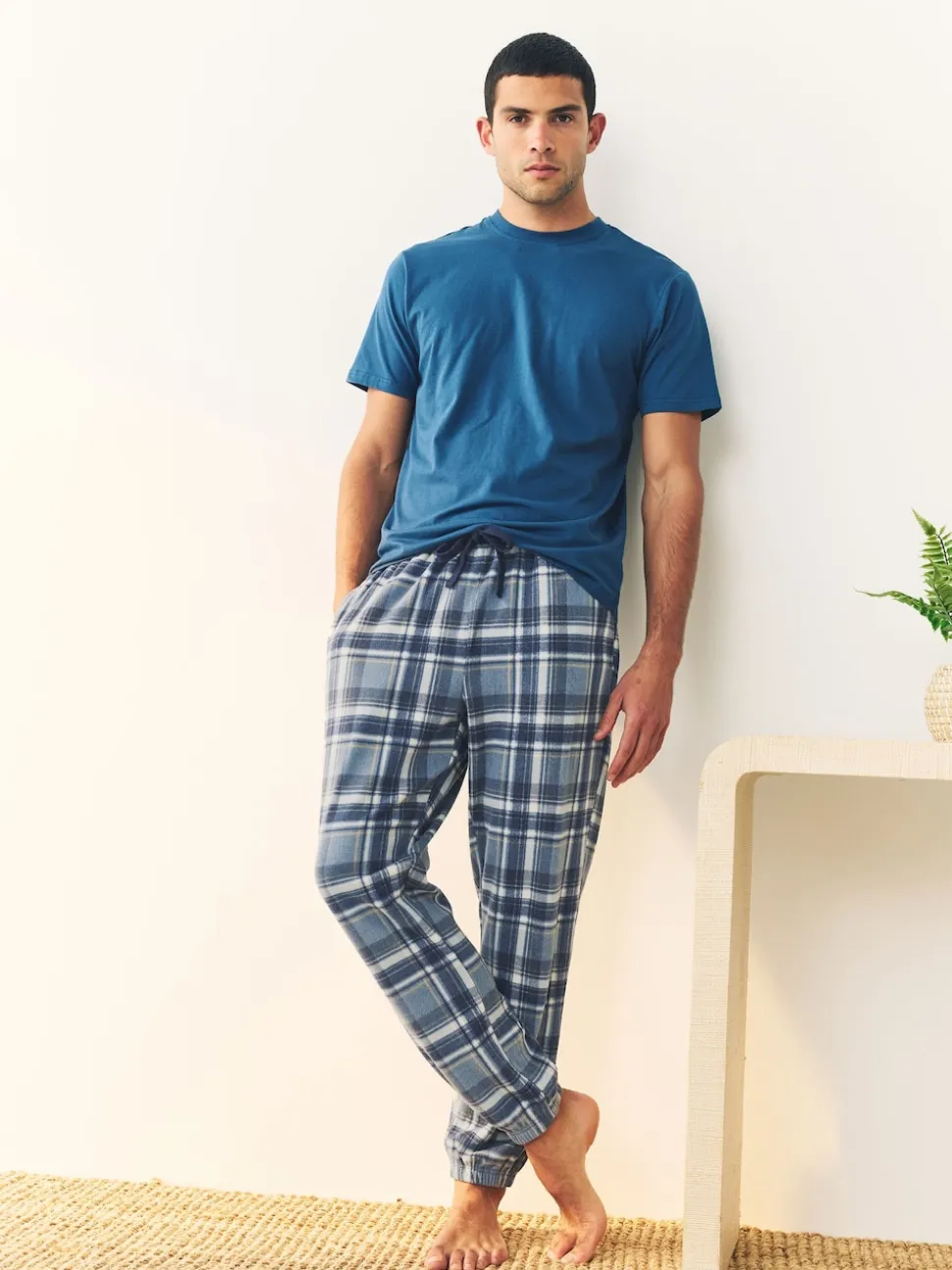 Navy Blue Thermal Fleece Cuffed Check Pyjama Bottoms