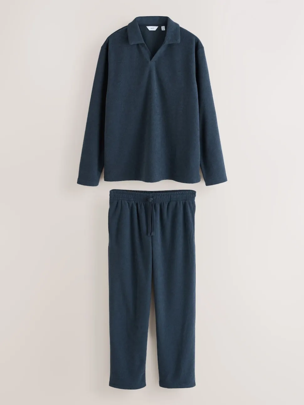 Navy Blue Towelling Long Sleeve Trophy Neck Pyjamas Set
