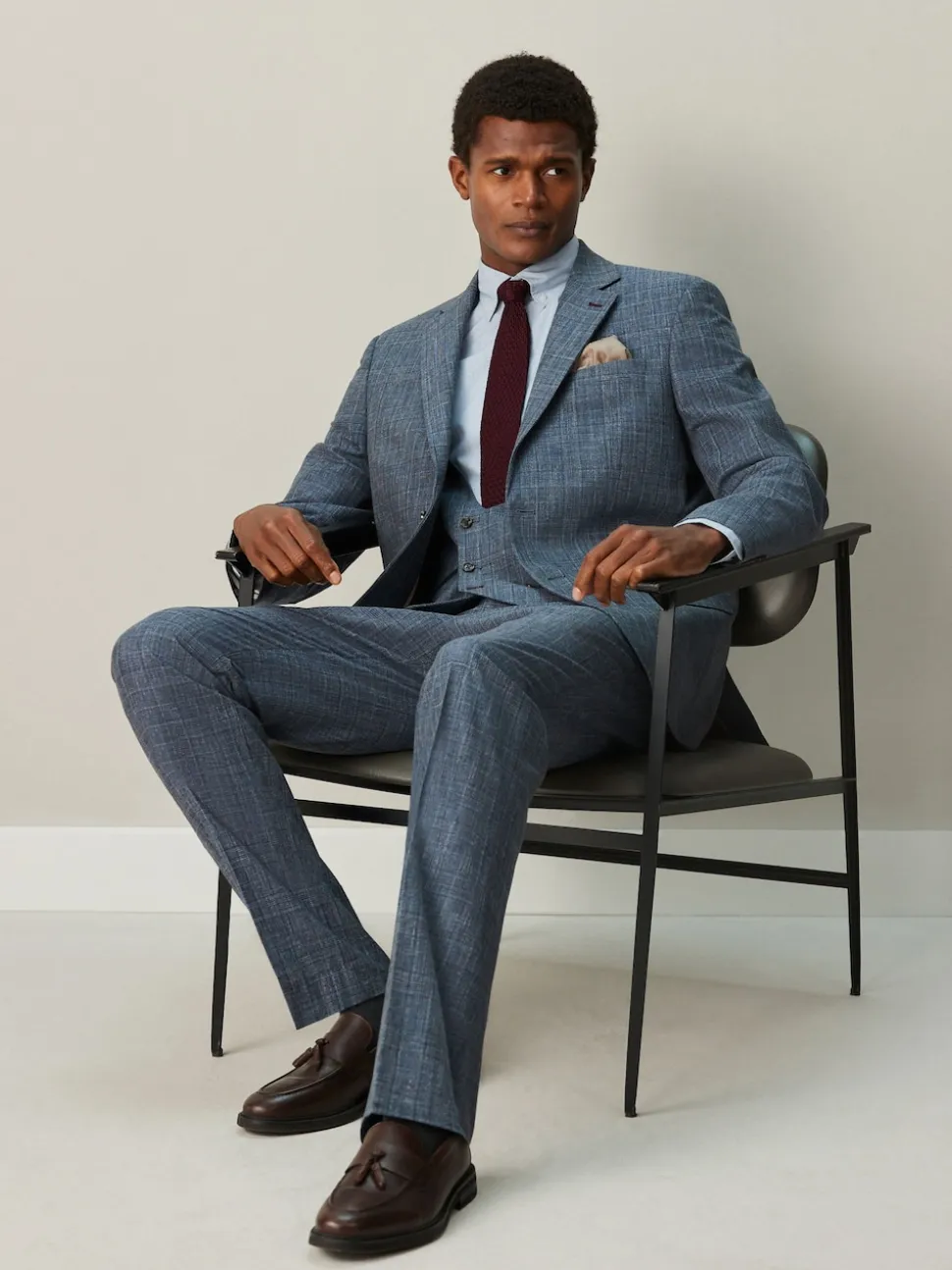 Navy Blue Trimmed Check Suit Waistcoat