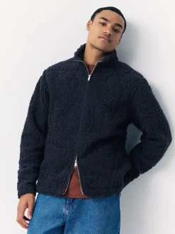 Navy Blue Tufted Full Zip Funnel Neck Fleece