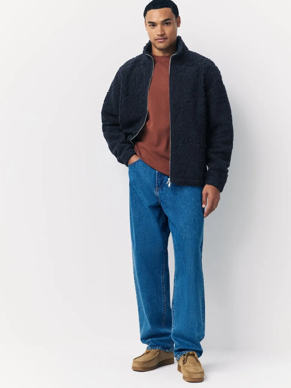 Navy Blue Tufted Full Zip Funnel Neck Fleece