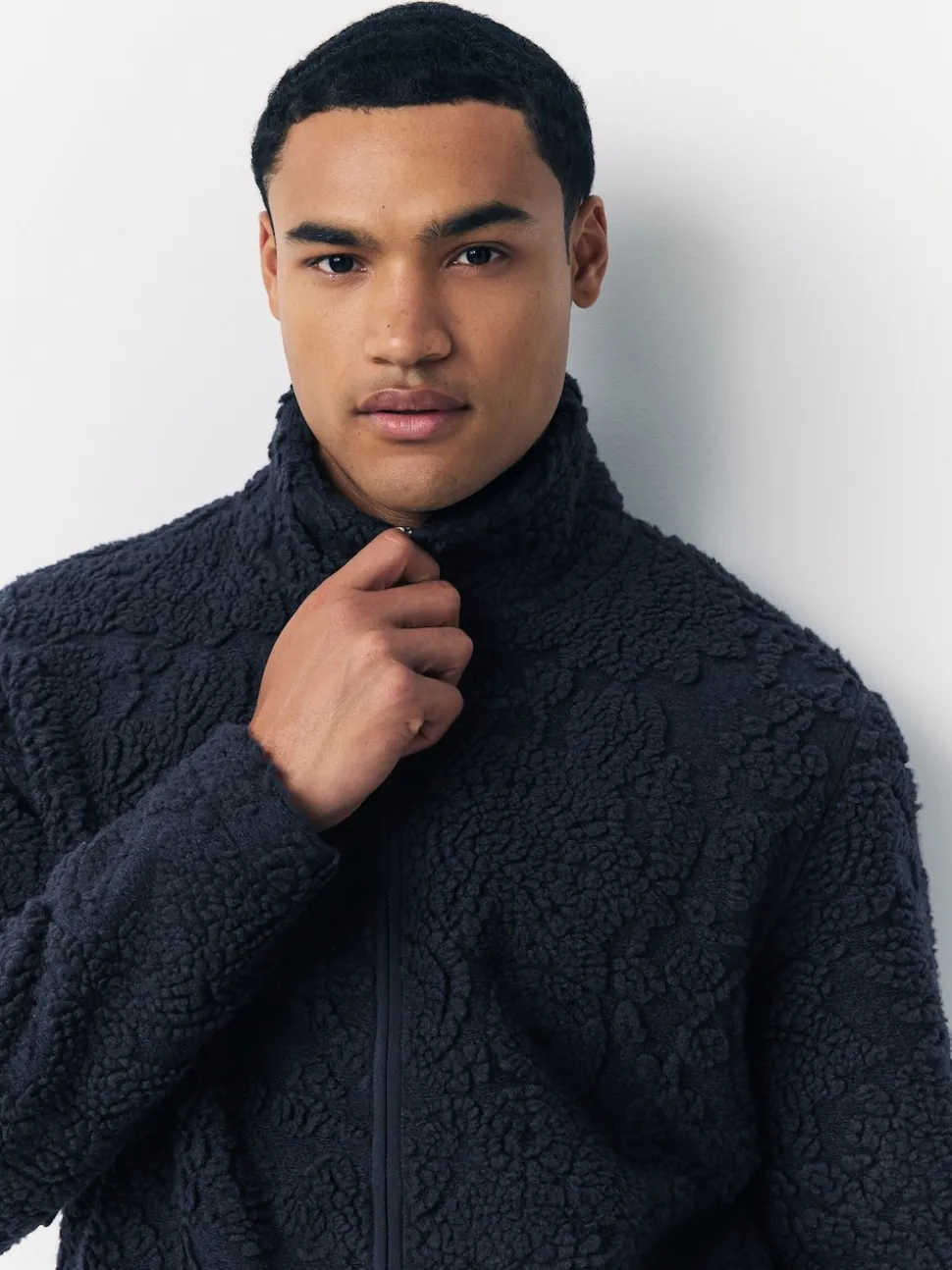 Navy Blue Tufted Full Zip Funnel Neck Fleece