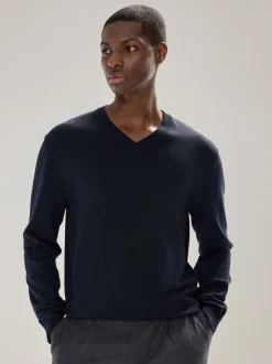 Navy Blue V-Neck Cotton Rich Long Sleeve Jumper