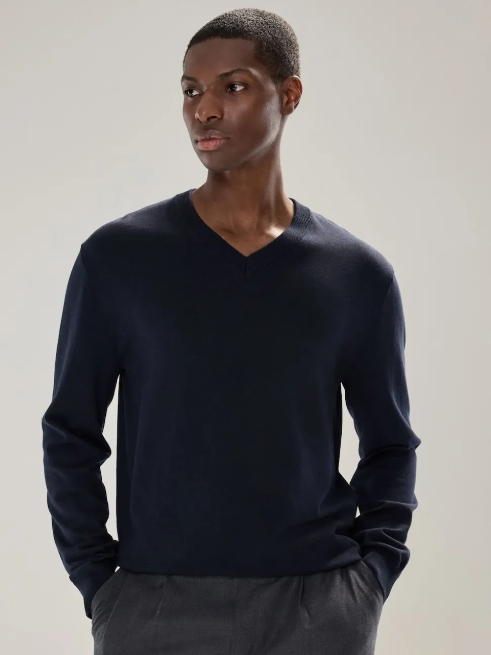 Navy Blue V-Neck Cotton Rich Long Sleeve Jumper