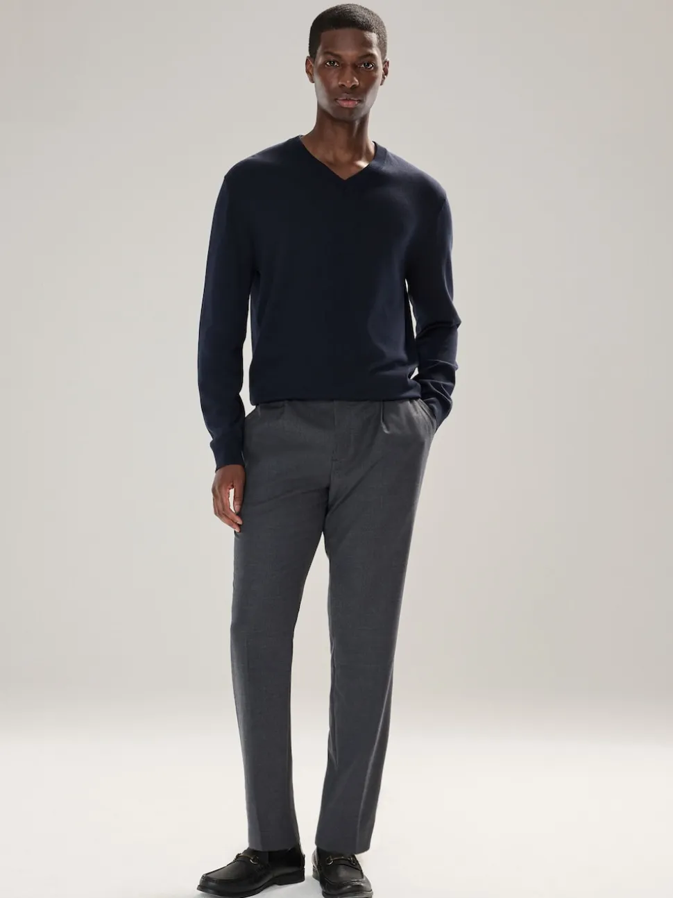 Navy Blue V-Neck Cotton Rich Long Sleeve Jumper