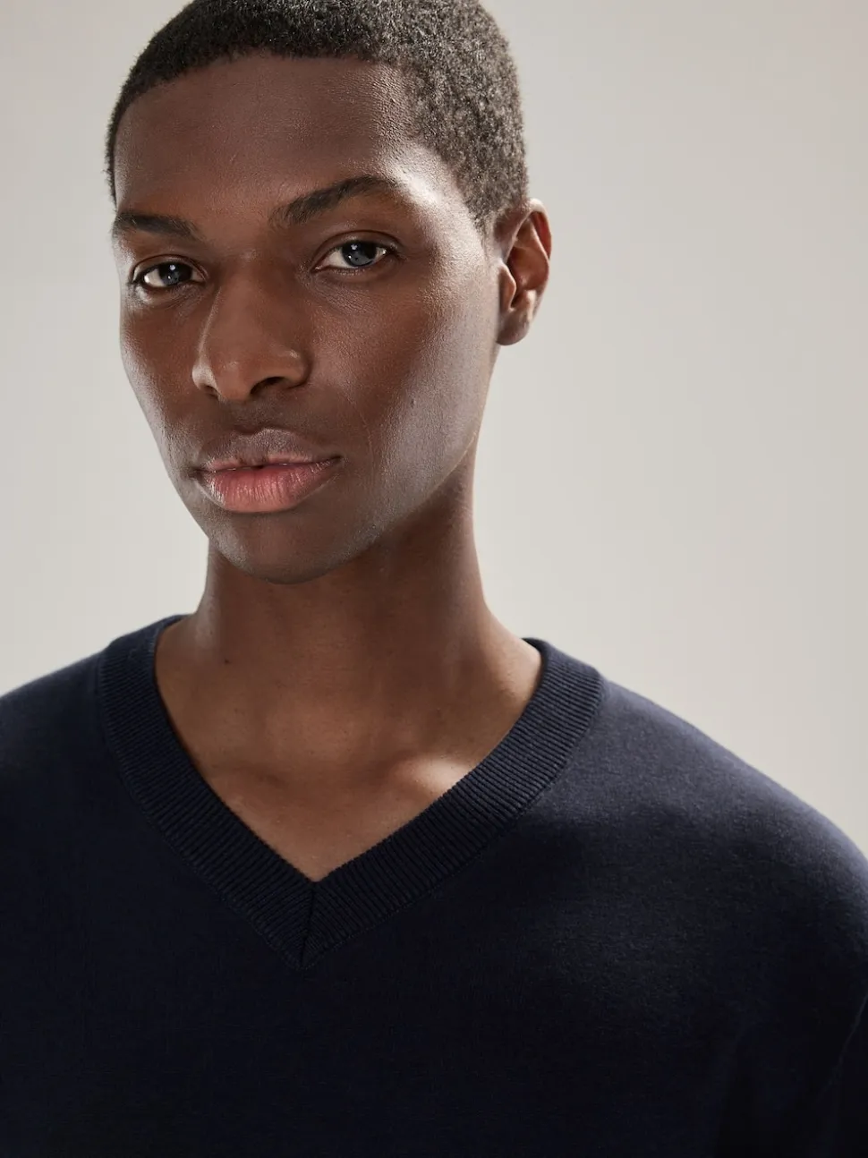 Navy Blue V-Neck Cotton Rich Long Sleeve Jumper