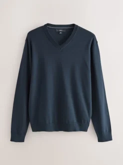 Navy Blue V-Neck Cotton Rich Long Sleeve Jumper