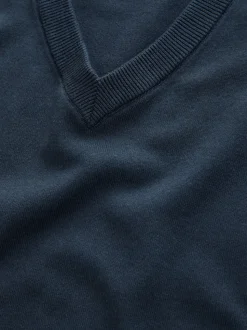 Navy Blue V-Neck Cotton Rich Long Sleeve Jumper