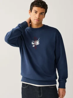Navy Blue Washed Graphic Print Crew Neck Sweatshirt