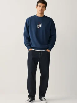 Navy Blue Washed Graphic Print Crew Neck Sweatshirt