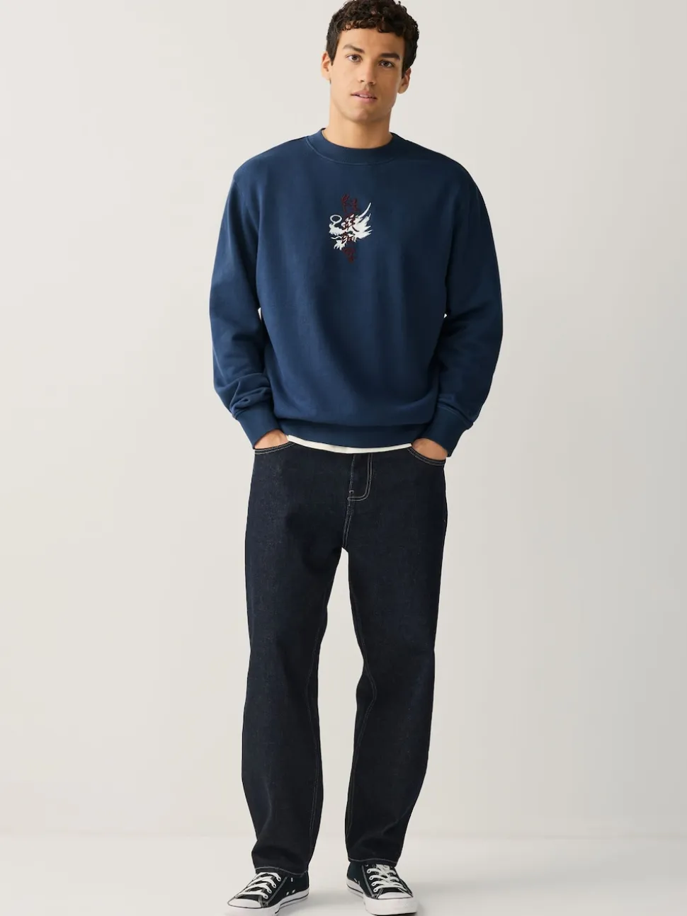 Navy Blue Washed Graphic Print Crew Neck Sweatshirt