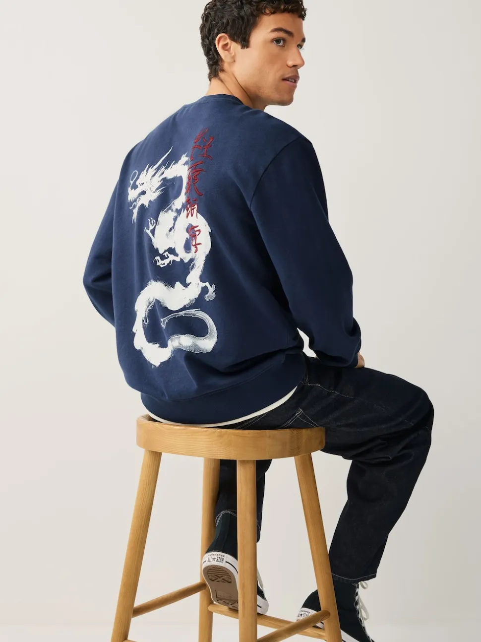 Navy Blue Washed Graphic Print Crew Neck Sweatshirt