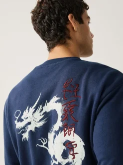 Navy Blue Washed Graphic Print Crew Neck Sweatshirt