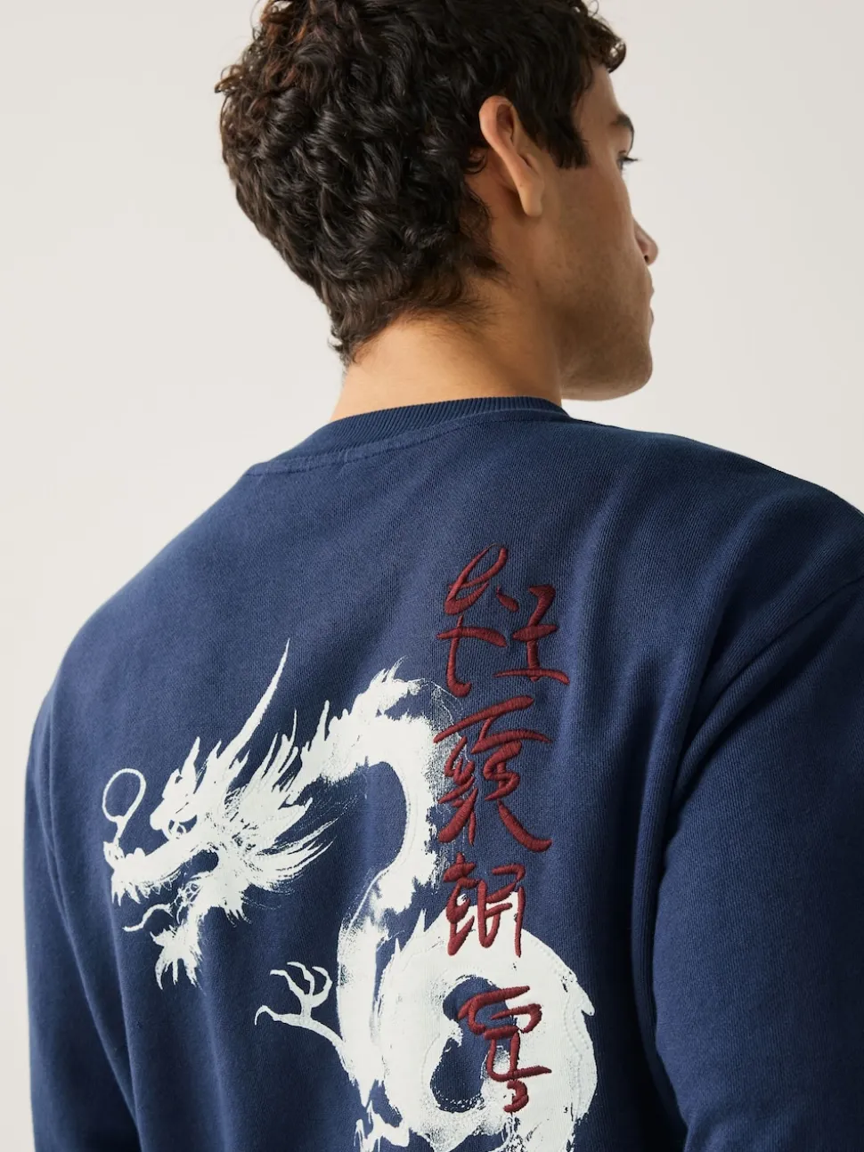 Navy Blue Washed Graphic Print Crew Neck Sweatshirt