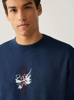Navy Blue Washed Graphic Print Crew Neck Sweatshirt