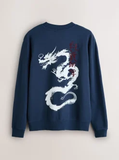 Navy Blue Washed Graphic Print Crew Neck Sweatshirt