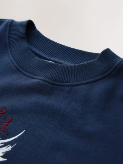 Navy Blue Washed Graphic Print Crew Neck Sweatshirt