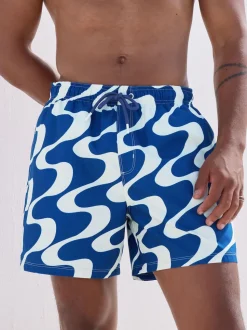 Navy Blue Wave Printed Swim Shorts