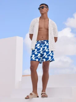 Navy Blue Wave Printed Swim Shorts